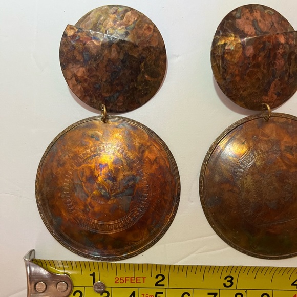 Vintage 1980s Hammered Copper/Metal Distressed Dangle Statement Earrings-Huge - Picture 3 of 8